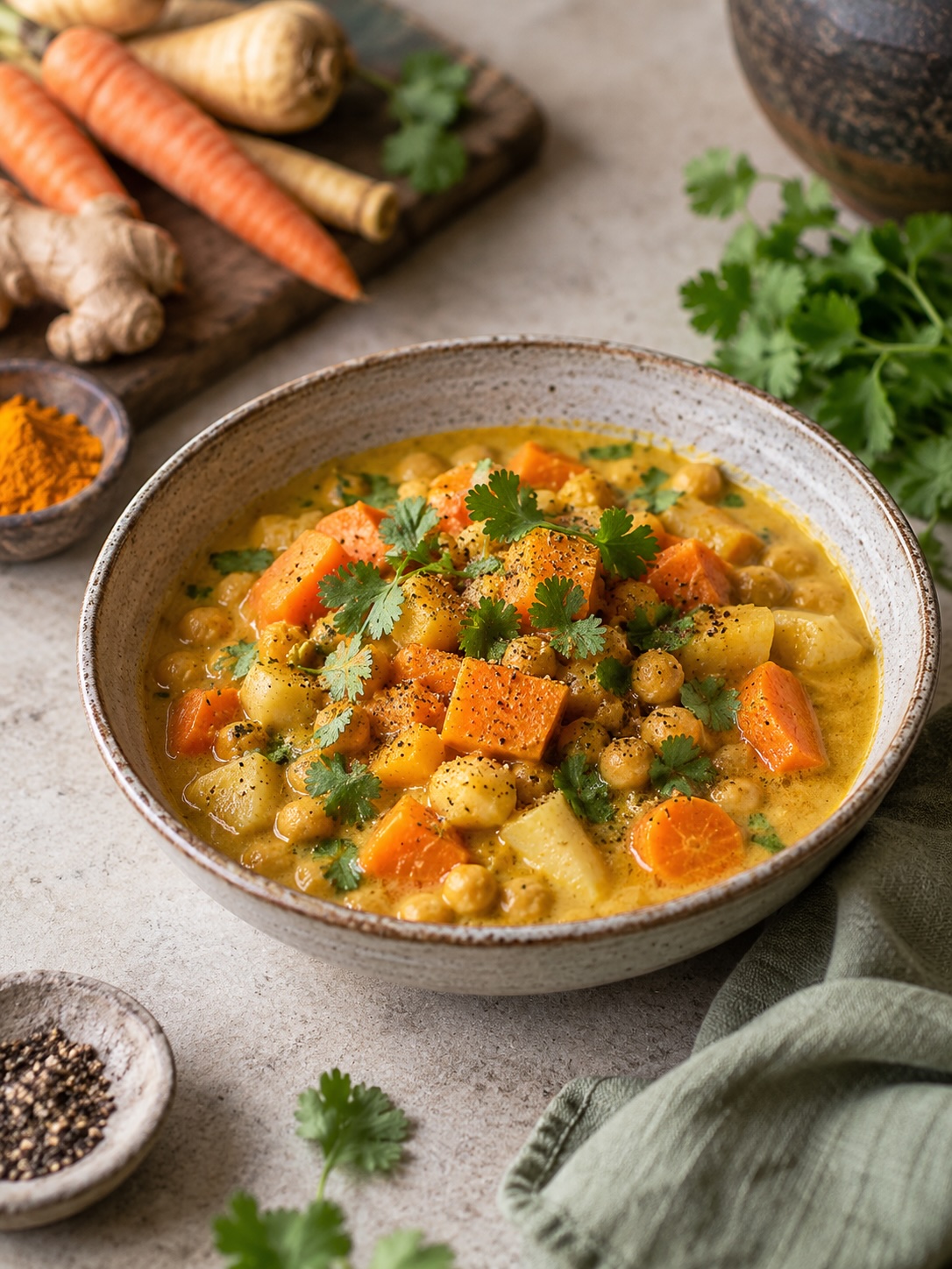 Ayurvedic root vegetable stew with chickpeas and coconut